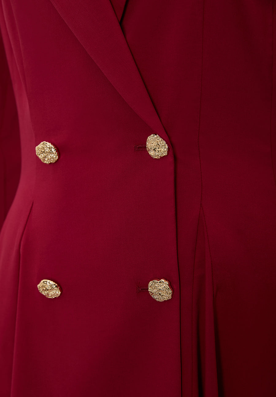 Gold Düğme Detaylı Kruvaze Dokuma Midi Blazer Vişne Elbise
