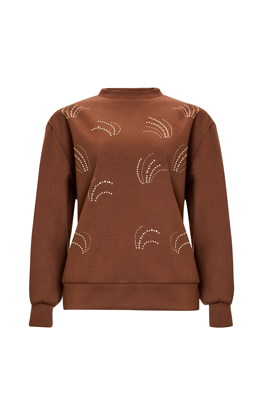 Desenli Taş İşlemeli Regular Uzun Kol Taba Sweatshirt