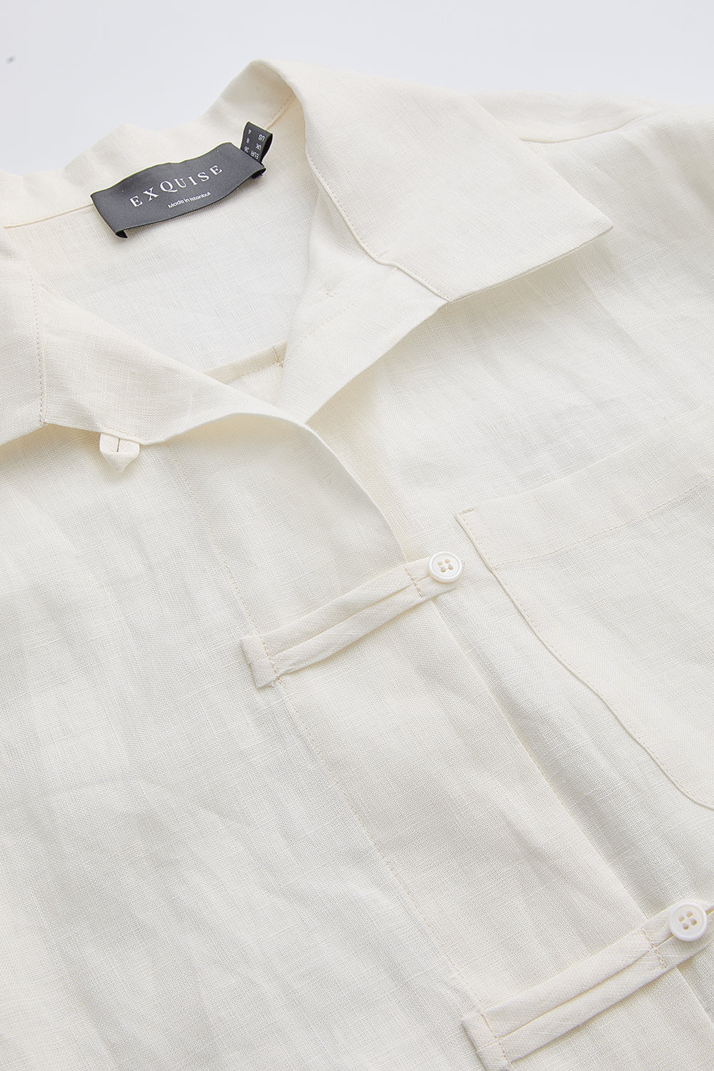 Uzun Kollu Cepli Düğmeli Keten Regular Beyaz Gömlek