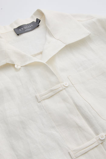 Uzun Kollu Cepli Düğmeli Keten Regular Beyaz Gömlek