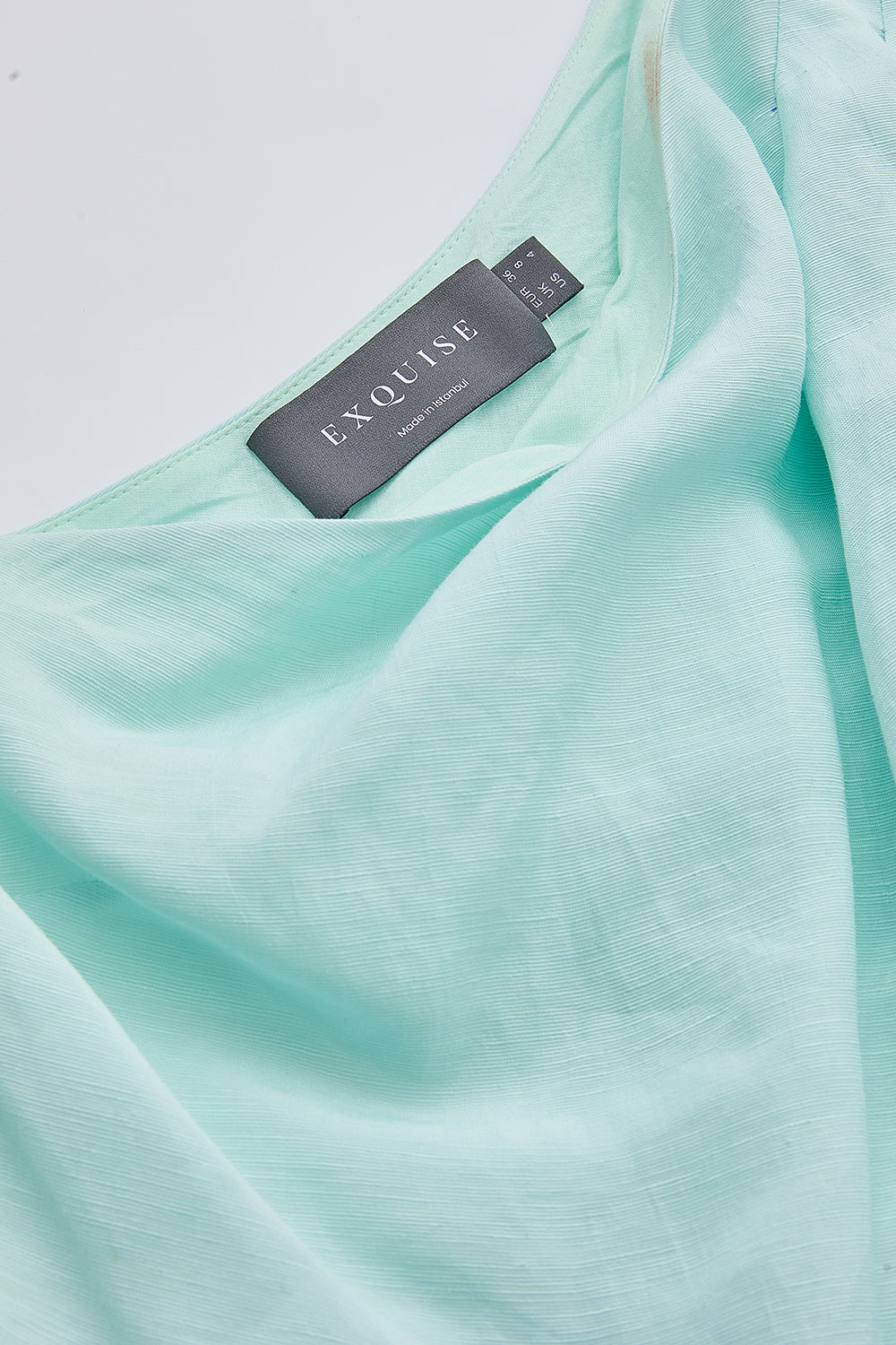 Bele Oturan Keten Karışımlı Regular Midi Turkuaz Elbise