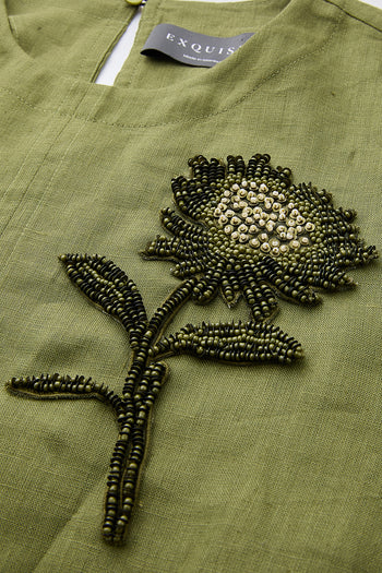 Bisiklet Yaka Uzun Kollu Yakası İşlemeli Keten Regular Haki Bluz