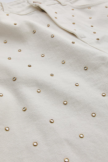 Taşlı Geniş Paça Yüksel Bel Regular Denim Beyaz Pantolon