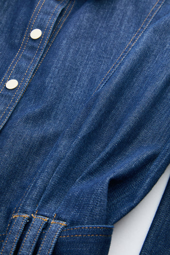 Uzun Kollu Kuşaklı Regular Midi Denim Gömlek İndigo Elbise