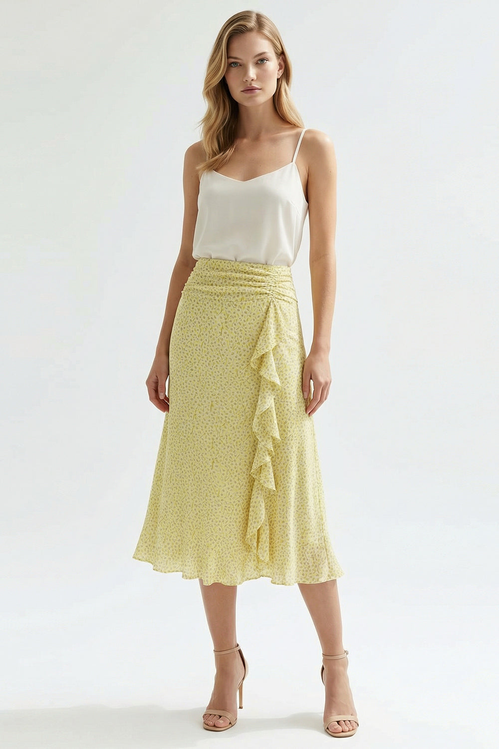 Yırtmaçlı Fırfırlı Fermuarlı Astarlı Regular Midi Çok Renkli Etek