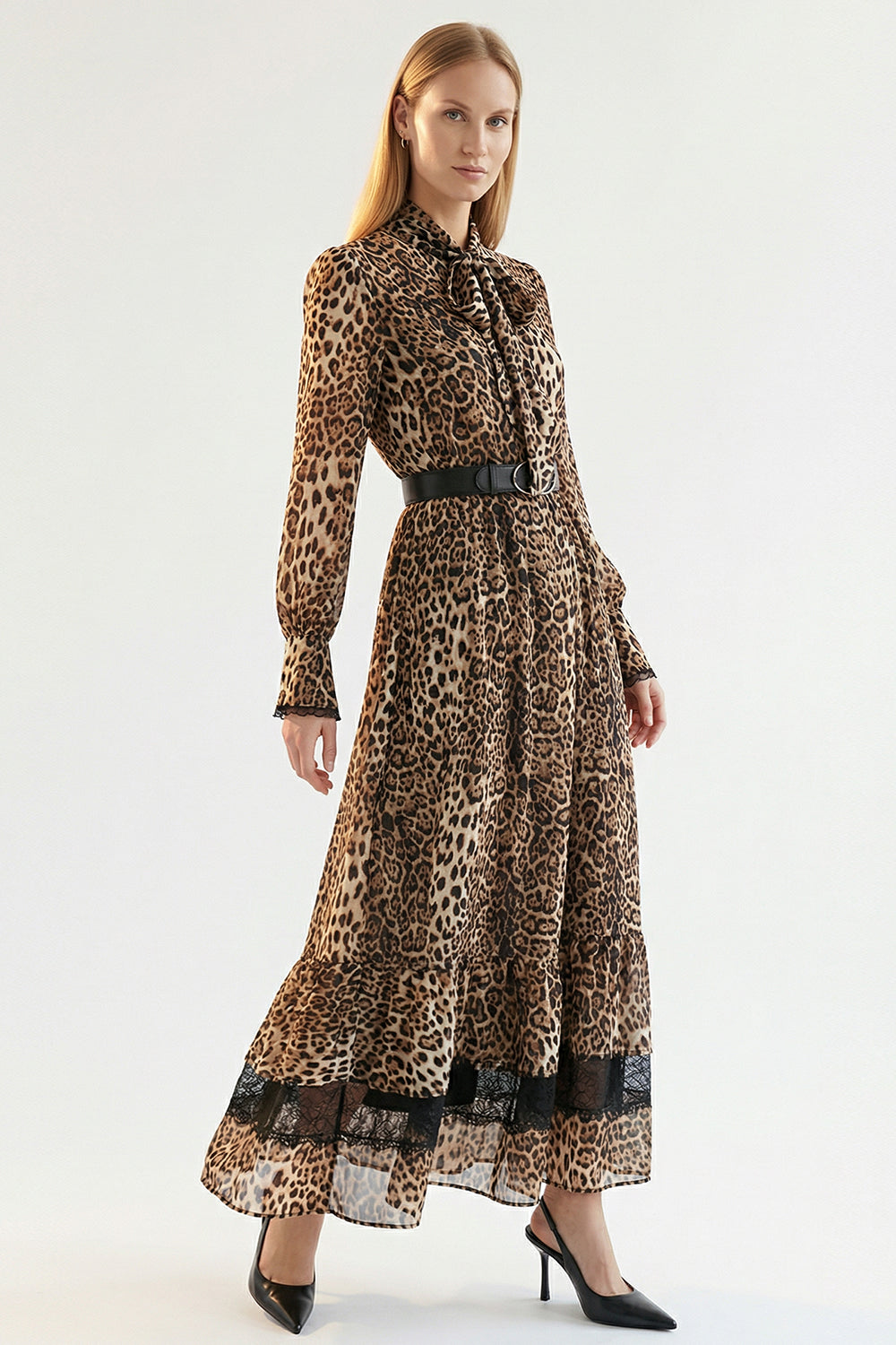 Leoper Desenli Kemerli Regular Maxi Çok Renkli Elbise