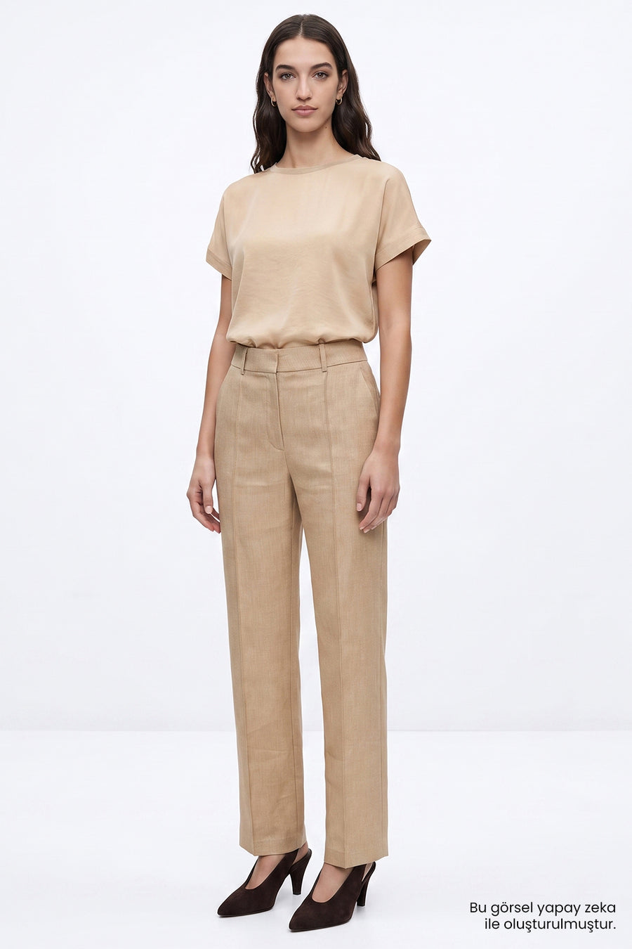 Yüksek Bel Keten Karışımlı Regular Camel Pantolon