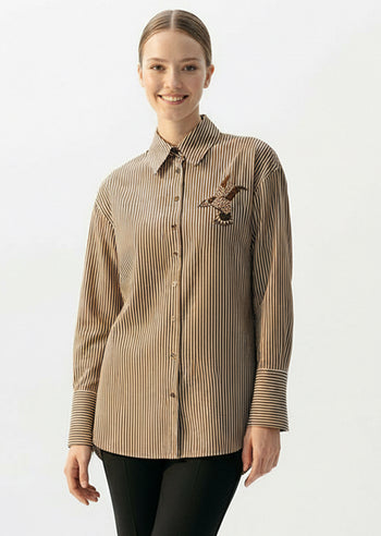 Taş İşlemeli Çizgili Cepsiz Regular Gömlek