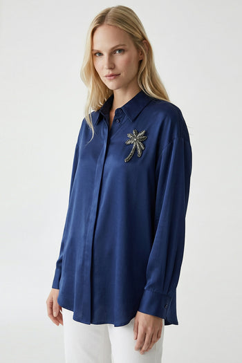 Gömlek Yaka Manşetli İşlemeli Saten Regular Lacivert Gömlek