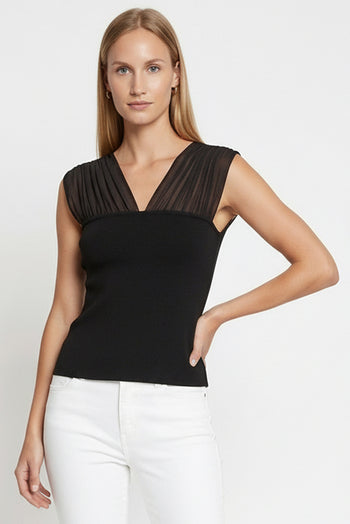 Piliseli Tül Detaylı Kolsuz Triko Bluz