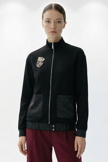 Taş İşlemeli Siyah Örme Regular Ceket