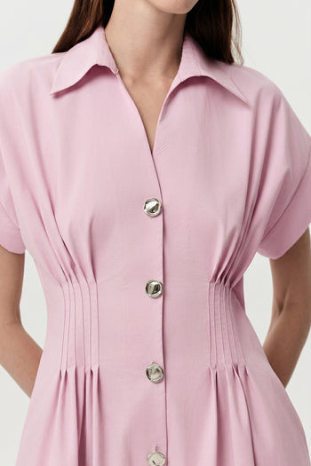 Gömlek Yaka Bele Oturan Lastikli Cepli Regular Midi Pembe Elbise