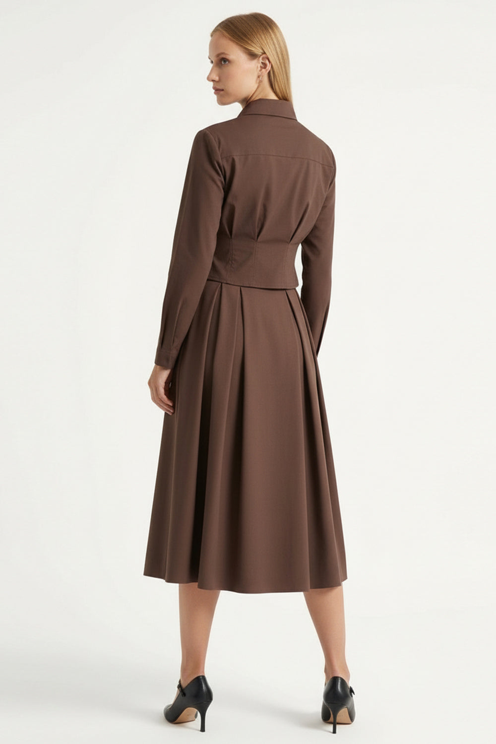 Gömlek Yaka Uzun Kollu Pile Detaylı Crop Regular Kahve Gömlek