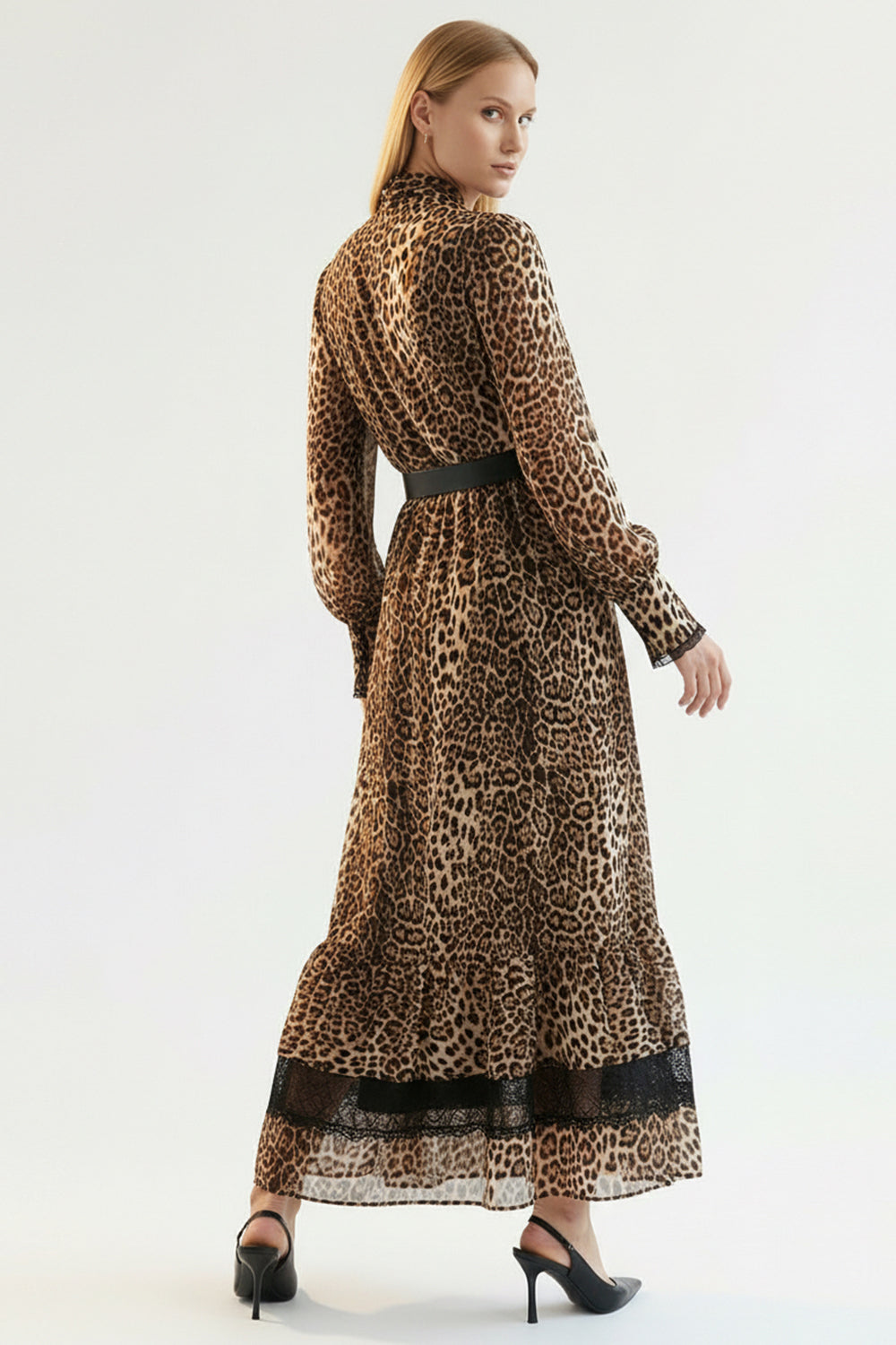 Leoper Desenli Kemerli Regular Maxi Çok Renkli Elbise
