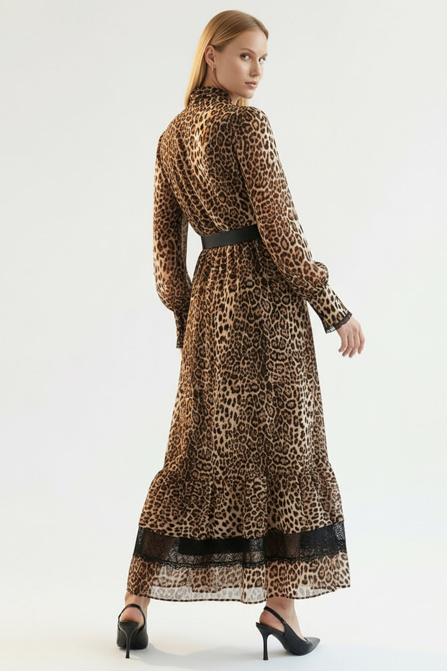 Leoper Desenli Kemerli Regular Maxi Çok Renkli Elbise