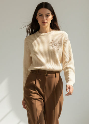 Taş Detaylı Uzun Kollu Kemik Triko Kazak