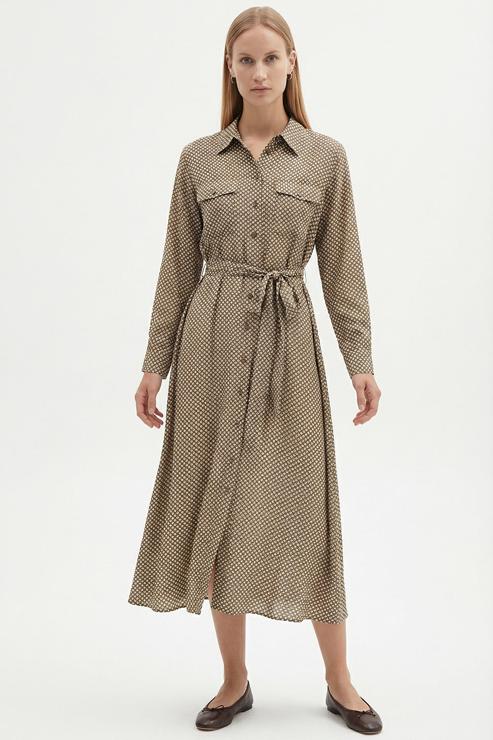 Desenli Uzun Kollu Regular Dokuma Gömlek Elbise