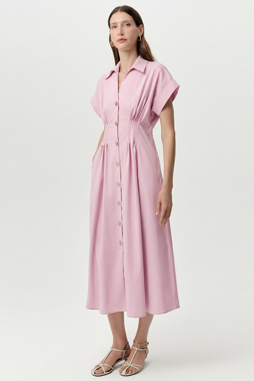 Gömlek Yaka Bele Oturan Lastikli Cepli Regular Midi Pembe Elbise