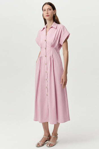 Gömlek Yaka Bele Oturan Lastikli Cepli Regular Midi Pembe Elbise