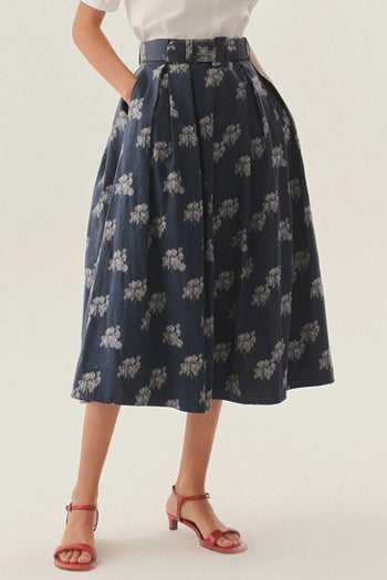 Çiçek Desenli Kemerli Midi Boy Etek