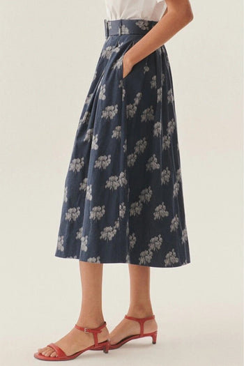 Çiçek Desenli Kemerli Midi Boy Etek