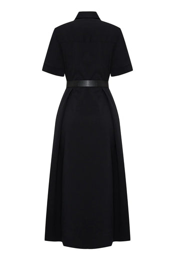 Gömlek Yaka Kısa Kol Bele Oturan Kemerli Midi Boy Siyah Elbise