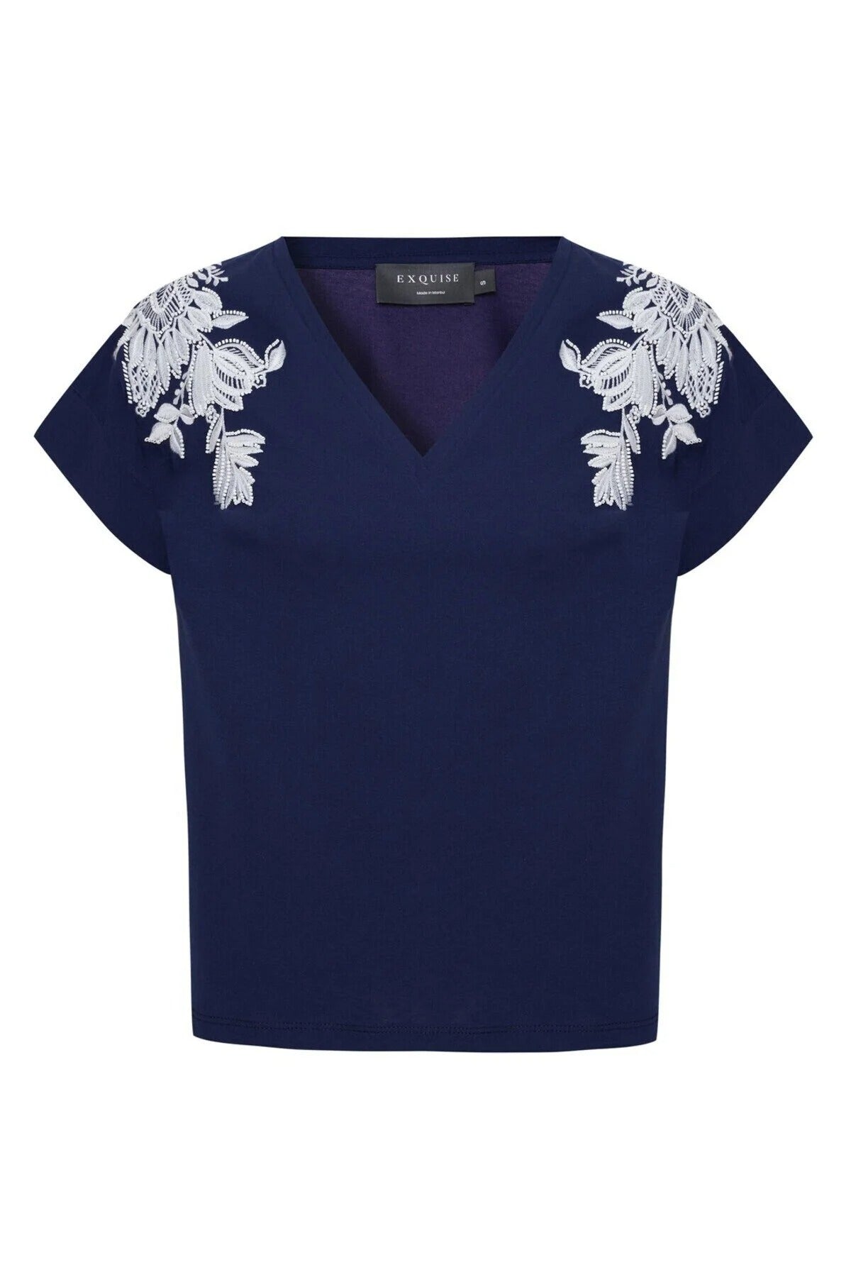 İşleme Detaylı V Yaka Lacivert Pamuklu Regular Örme Tişört