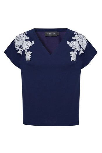 İşleme Detaylı V Yaka Lacivert Pamuklu Regular Örme Tişört