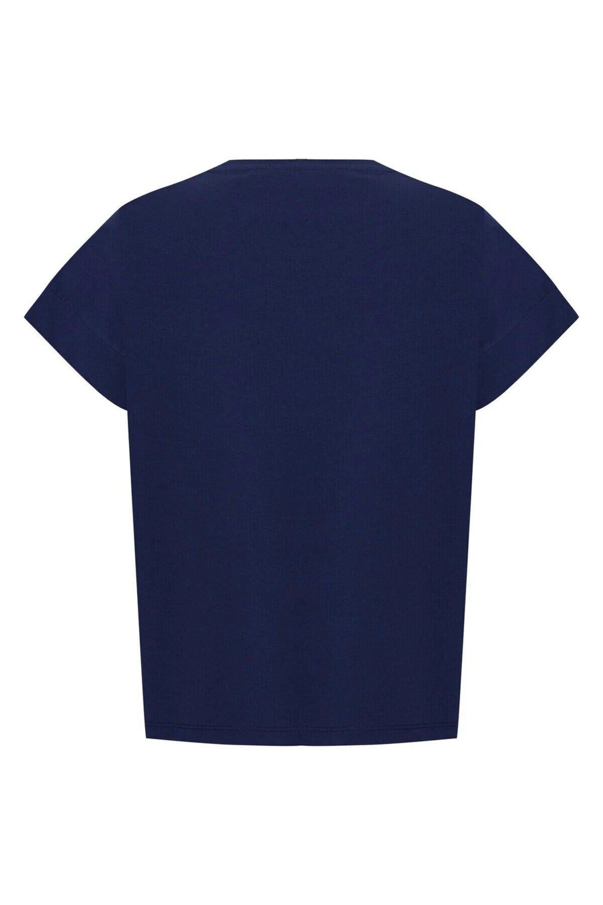 İşleme Detaylı V Yaka Lacivert Pamuklu Regular Örme Tişört