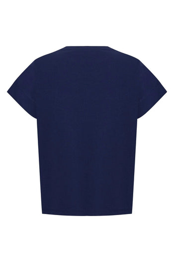 İşleme Detaylı V Yaka Lacivert Pamuklu Regular Örme Tişört