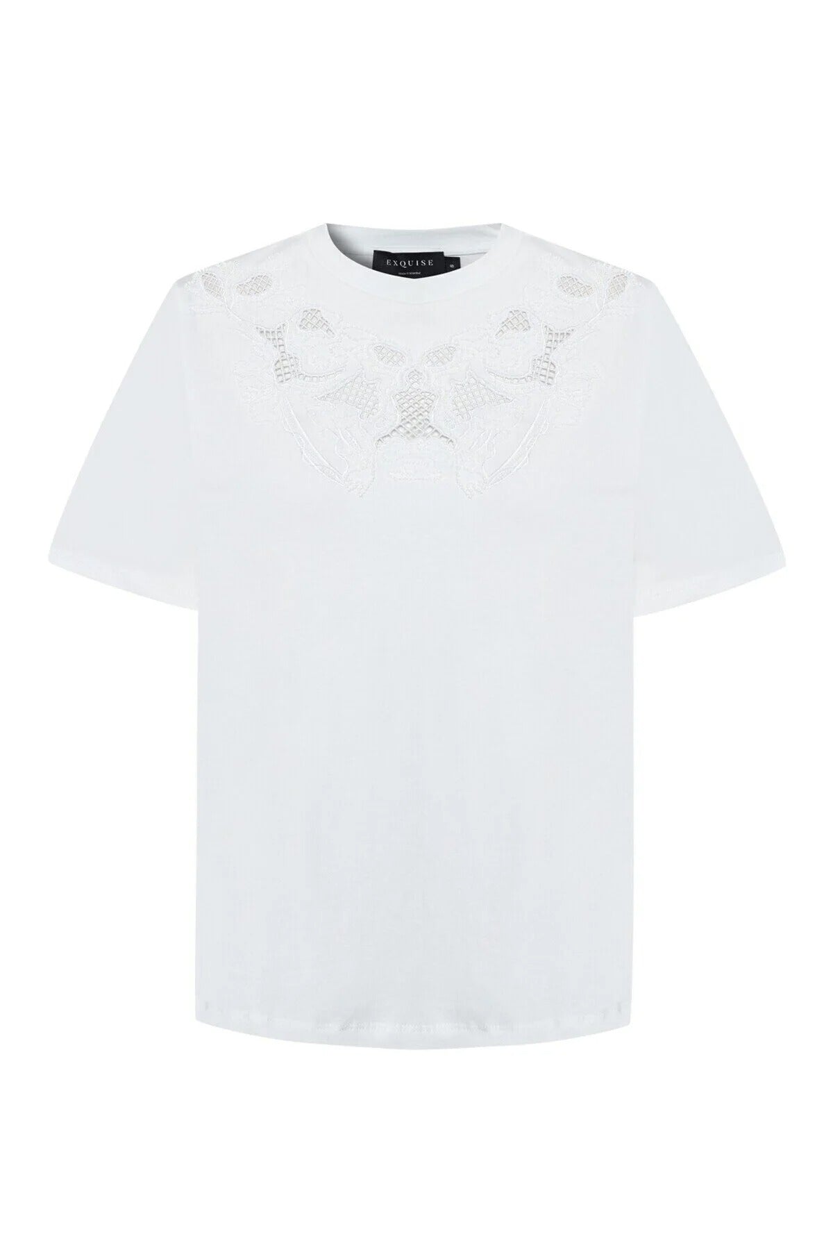 İşleme Detaylı Beyaz Regular Örme Tişört