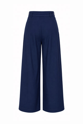 Beli Kemerli Yüksek Bel Pileli Cepli Culotte Lacivert Pantolon