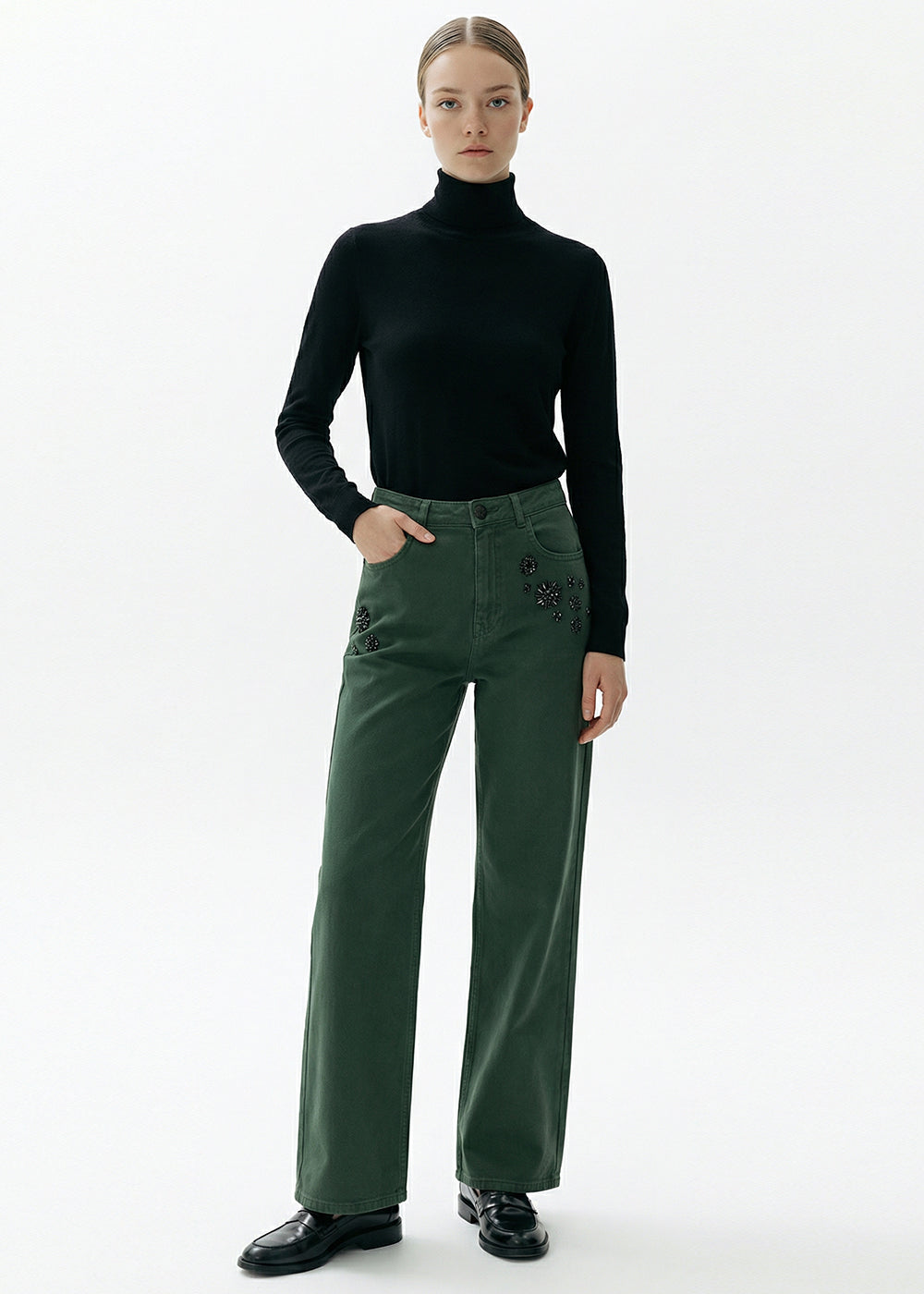 Yüksek Bel Cepli Dokuma Yeşil Pantolon