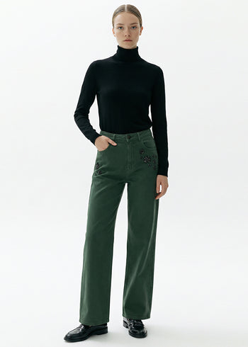 Yüksek Bel Cepli Dokuma Yeşil Pantolon