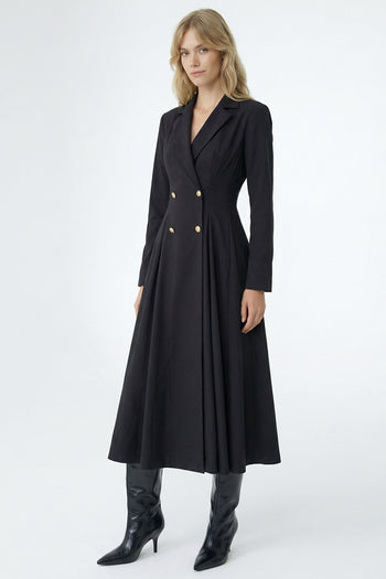 Gold Düğme Detaylı Kruvaze Dokuma Midi Blazer Elbise