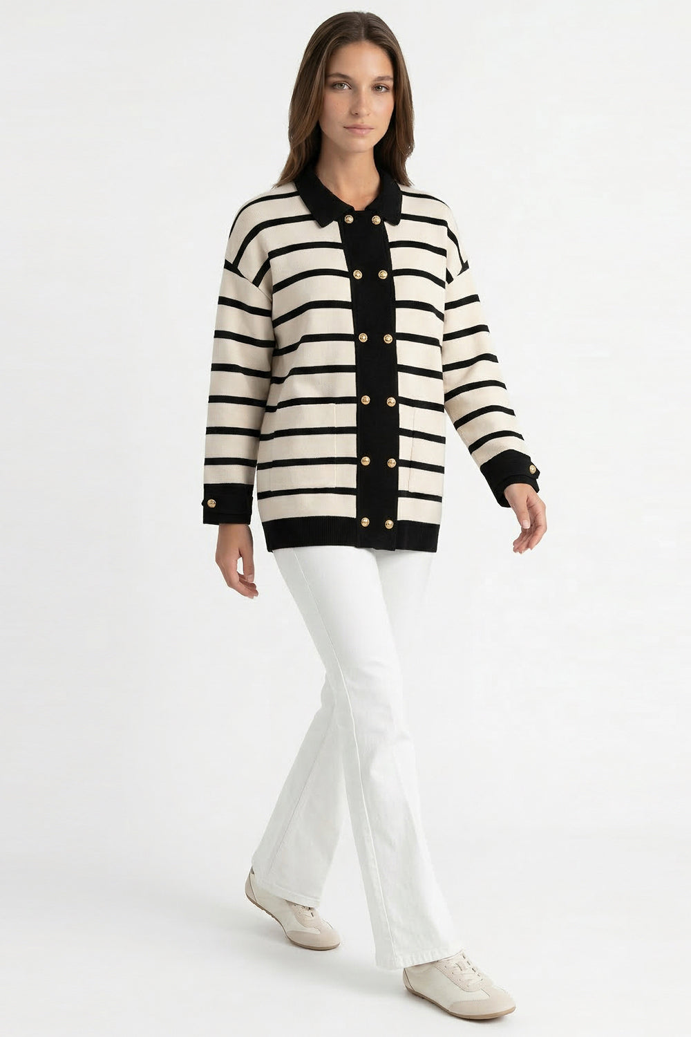 Uzun Kollu Düğmeli Oversize Triko Siyah Krem Hırka