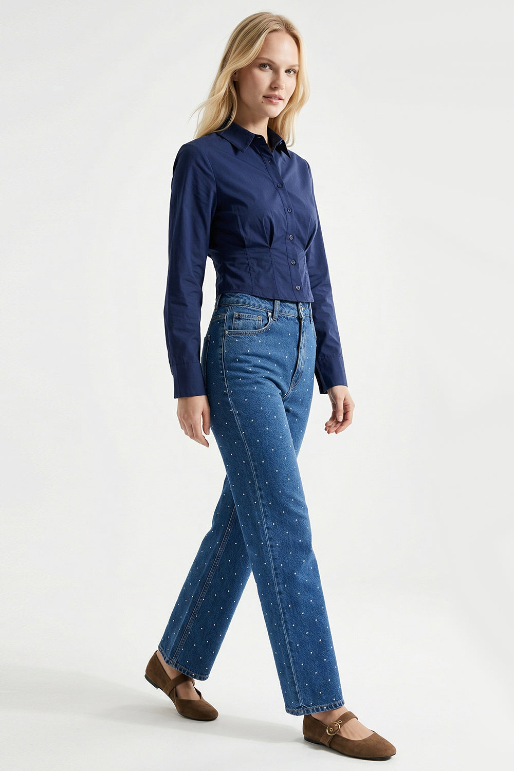 Taşlı Geniş Paça Yüksel Bel Regular Denim İndigo Pantolon