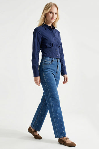 Taşlı Geniş Paça Yüksel Bel Regular Denim İndigo Pantolon