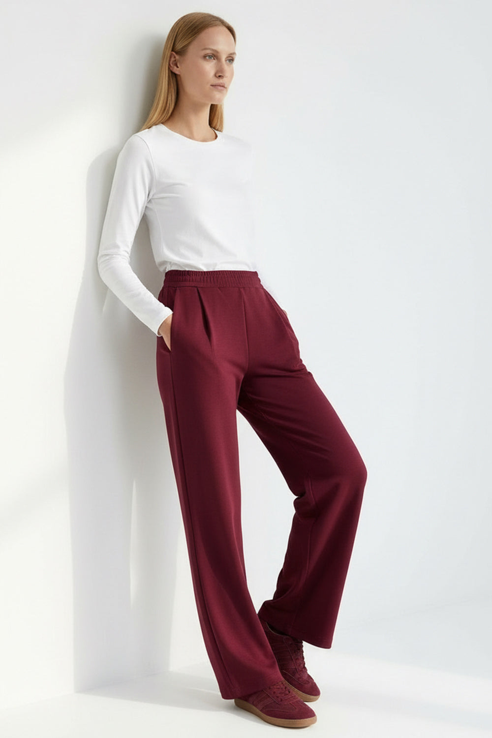 Beli Lastikli Örme Regular Vişne Pantolon