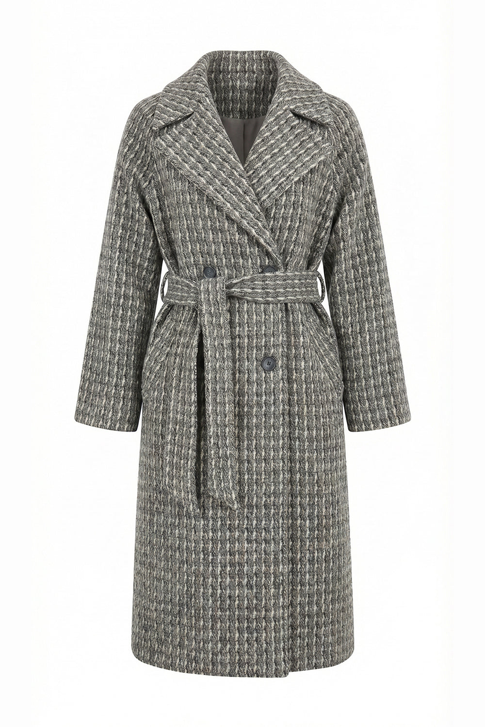 Kuşaklı Kruvaze Cepli Midi Regular Dokuma Kaban