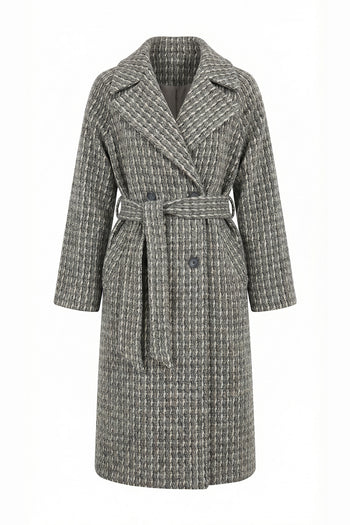 Kuşaklı Kruvaze Cepli Midi Regular Dokuma Kaban