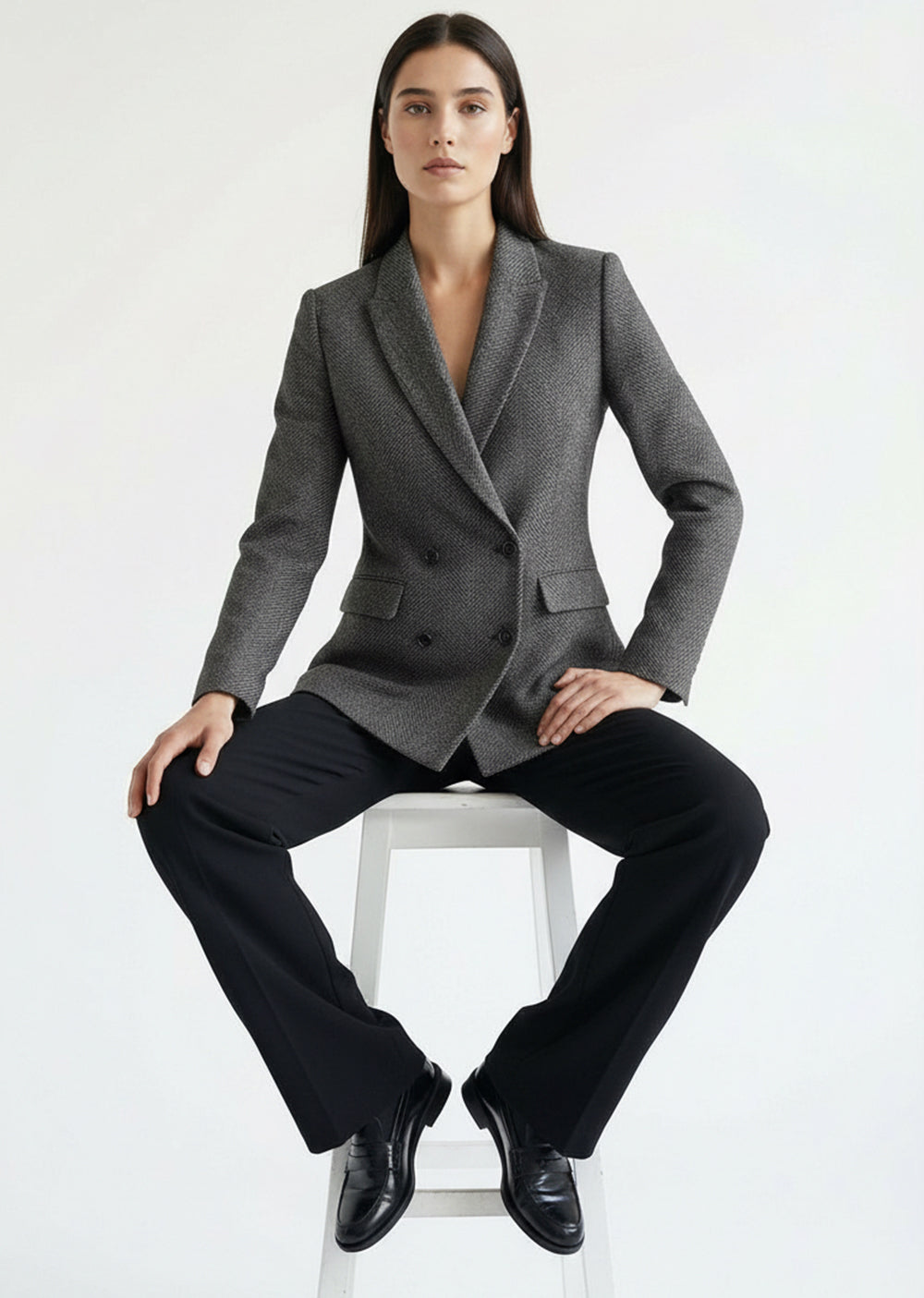 Kruvaze Uzun Kollu Dokuma Blazer Ceket