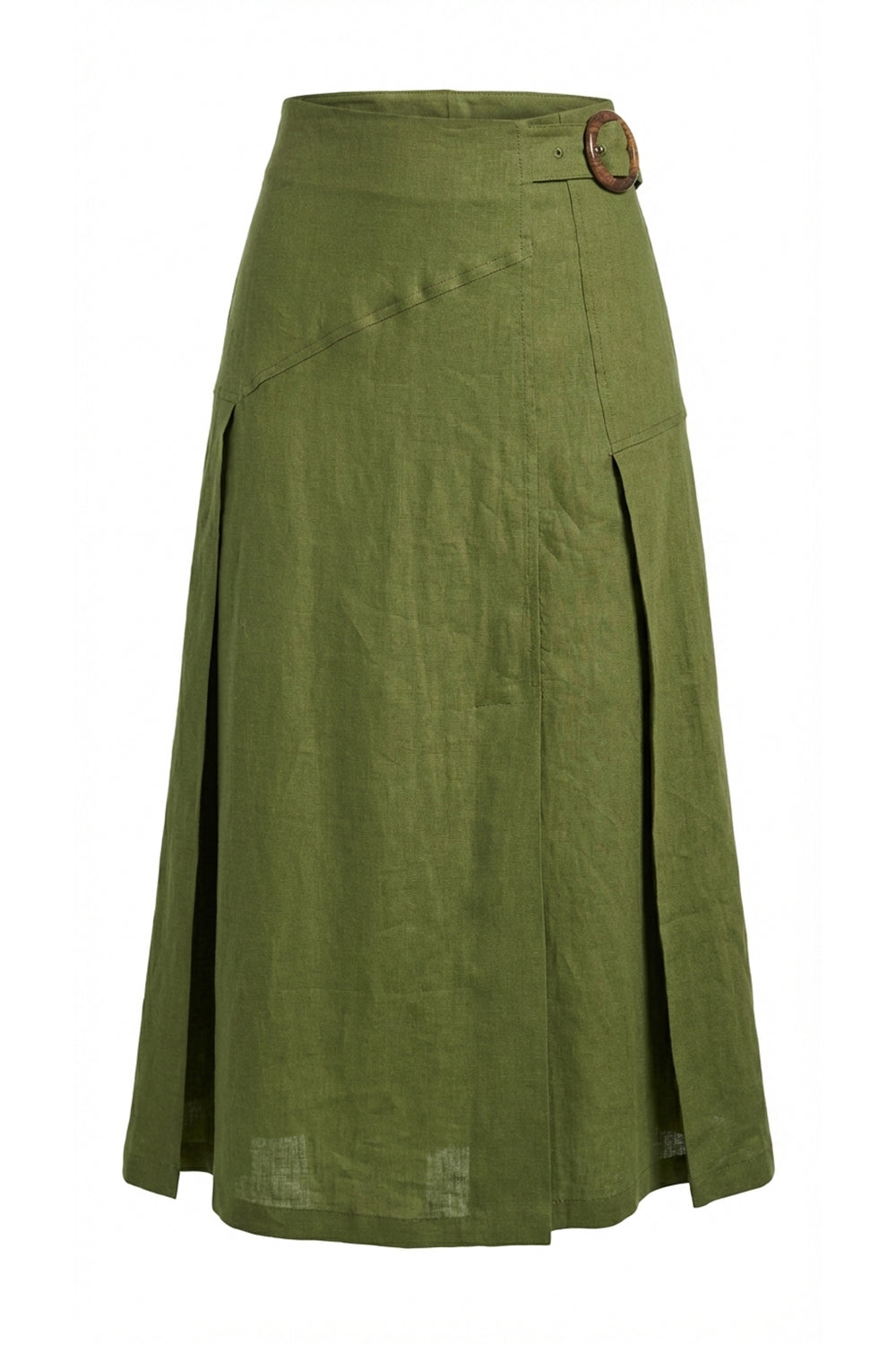 Yırtmaçlı Tokalı Fermuarlı Regular Midi Keten Haki Etek