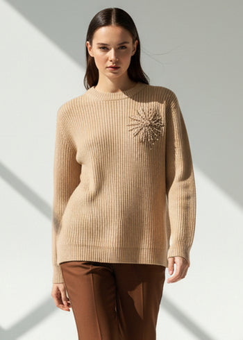 Taş Detaylı Uzun Kollu Kemik Triko Kazak