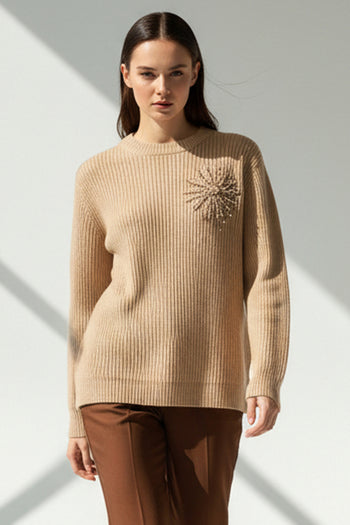 Taş Detaylı Uzun Kollu Kemik Triko Kazak