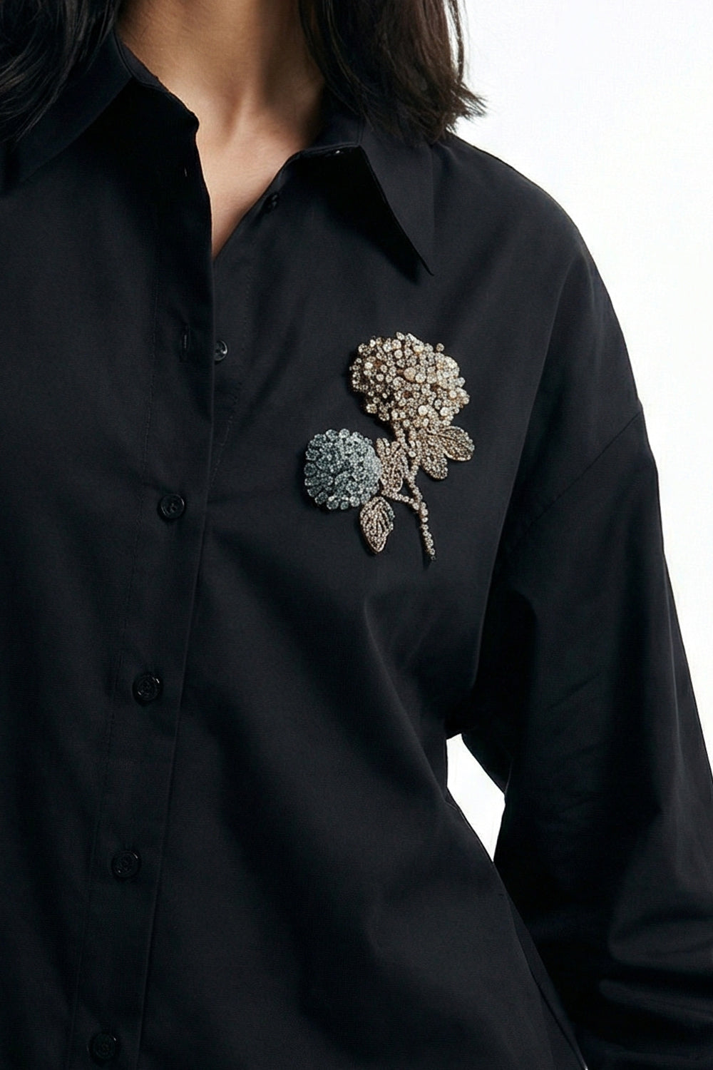 Çiçek Taş İşlemeli Uzun Kollu Regular Siyah Gömlek