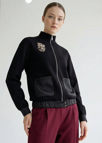 Taş İşlemeli Siyah Örme Regular Ceket