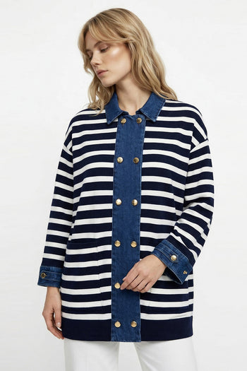 Uzun Kollu Düğmeli Oversize Triko Lacivert Beyaz Hırka