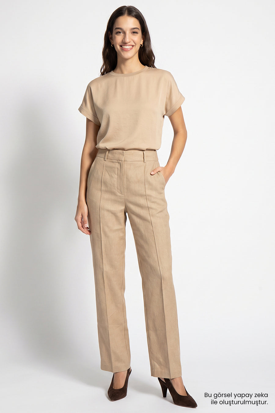 Yüksek Bel Keten Karışımlı Regular Camel Pantolon