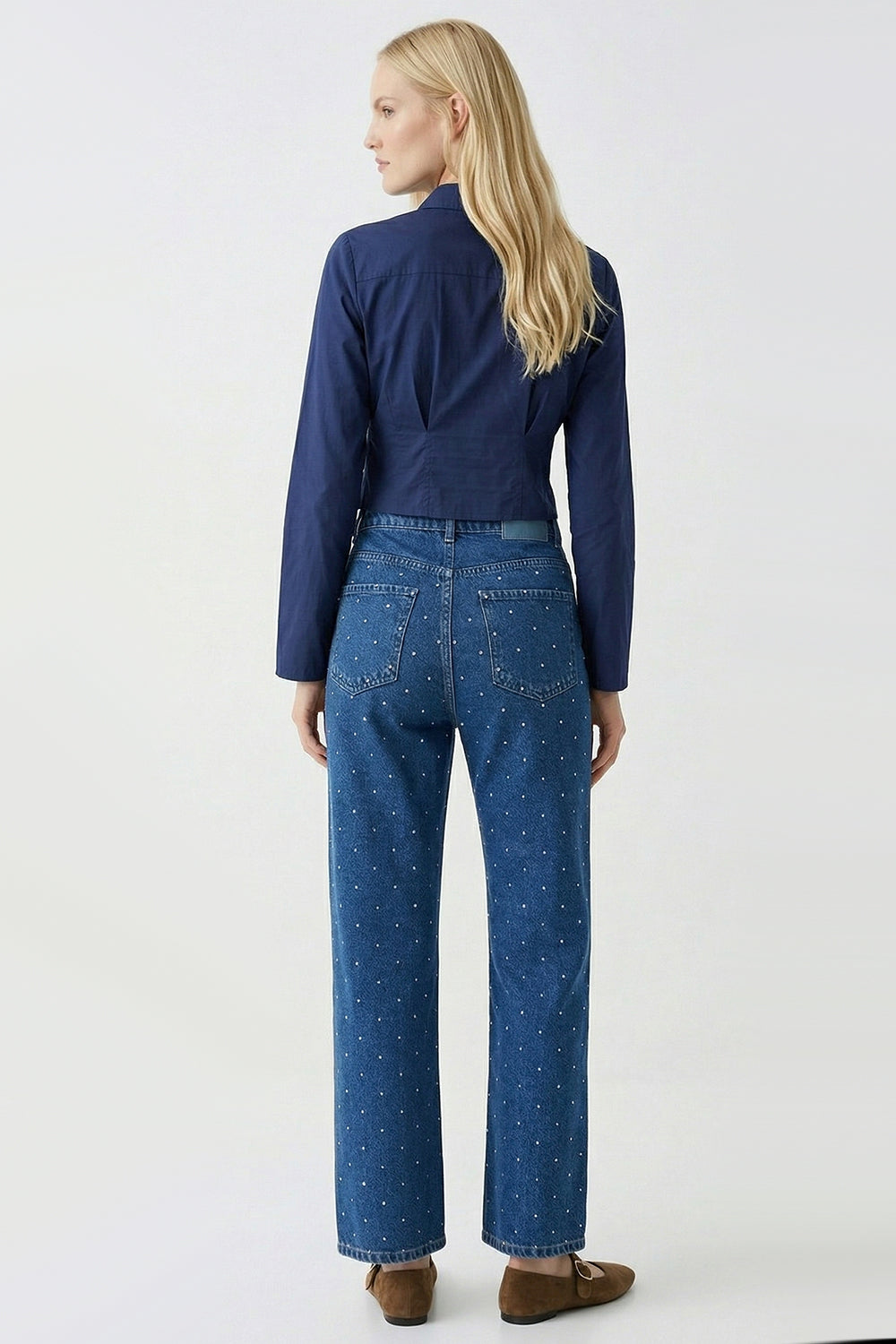 Taşlı Geniş Paça Yüksel Bel Regular Denim İndigo Pantolon